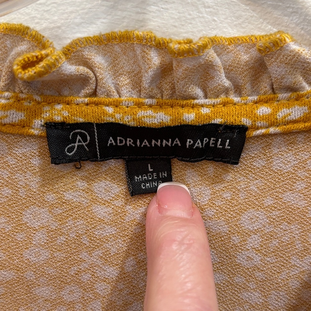 Adrianna Papell Mustard Yellow Floral Ruffle-Trim V-Neck Blouse - Picture 2 of 6